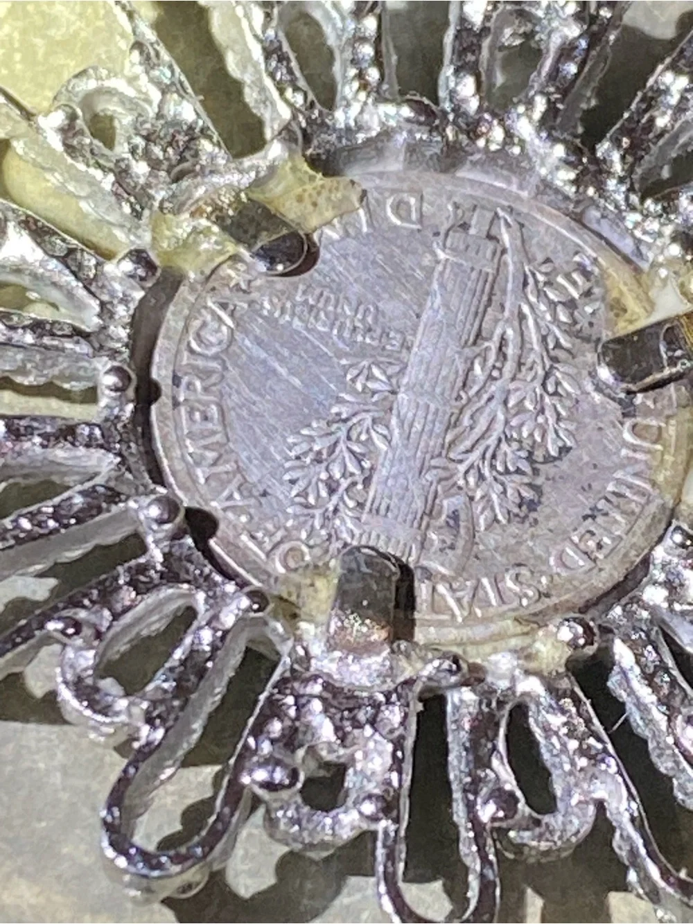 1942 Mercury Silver Dime In Starburst Pendant With Chain